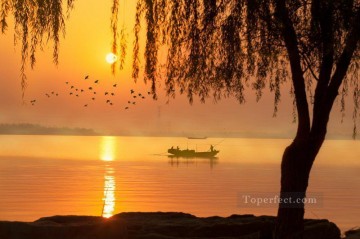 金色のボート 湖の夕日 風景画 写真からアートへ Oil Paintings